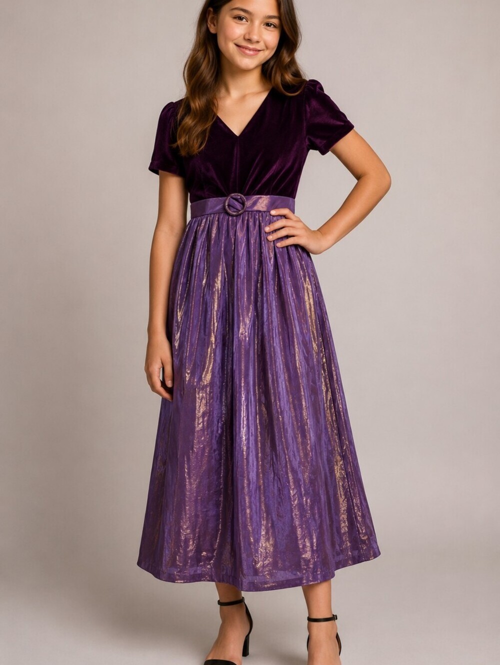 SWEET SODA Purple Velvet Metallic Irridescent Tie Waist Holiday Dress